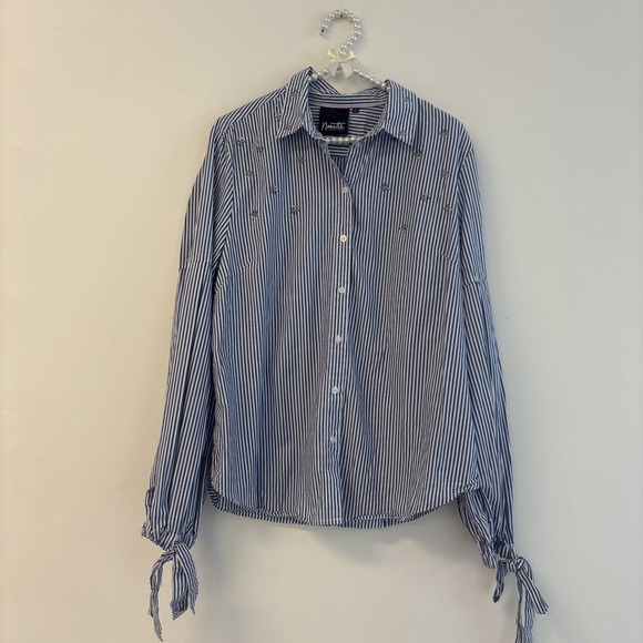 Nanette Lepore Womens Blouse Sz Lg Blue Striped Button Up Long Sleeve Ballon Bow - Picture 3 of 8